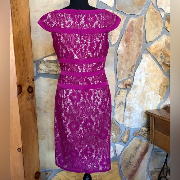 Adrianna Papell Lace Cap Sleeves Maroon Sheath Dress Midi (6) - Picture 6 of 17